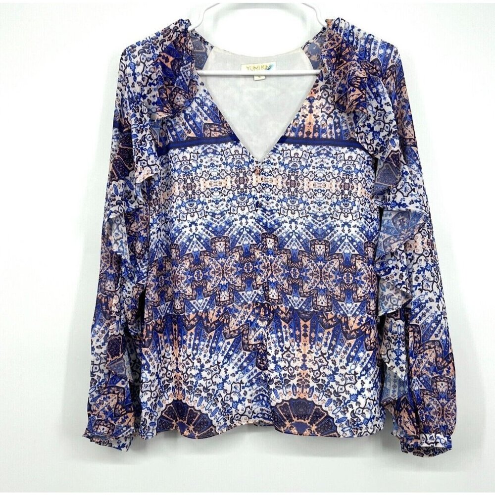 Yumi Kim Top Blue Button Down Ruffle Long Sleeve V Neck
